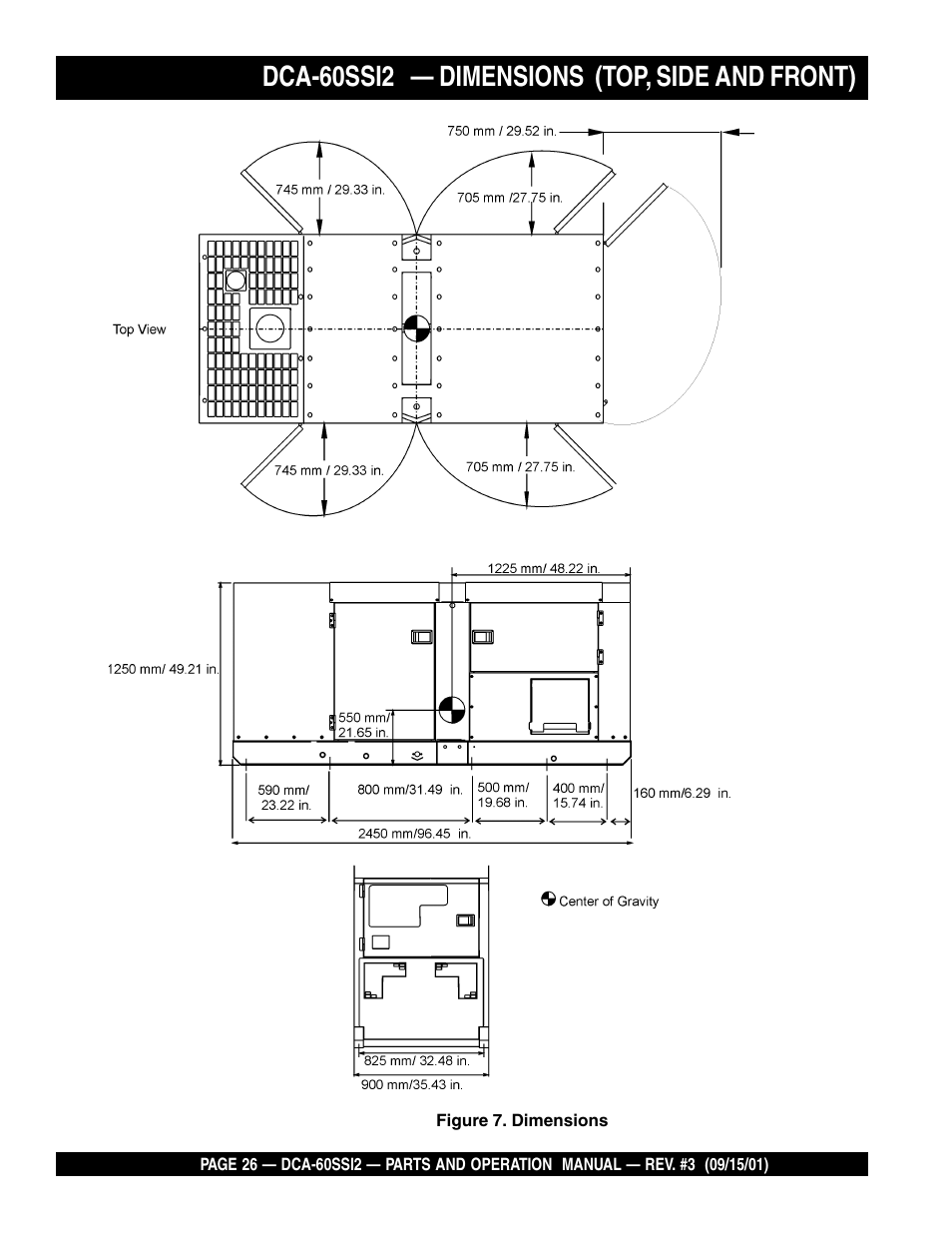 Dca-60ssi2 — dimensions (top, side and front) | Multiquip MQ Power Whisperwatt Generator DCA-60SS12 User Manual | Page 26 / 164
