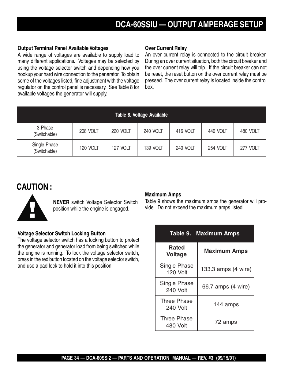 Caution, Dca-60ssiu — output amperage setup | Multiquip MQ Power Whisperwatt Generator DCA-60SS12 User Manual | Page 34 / 164