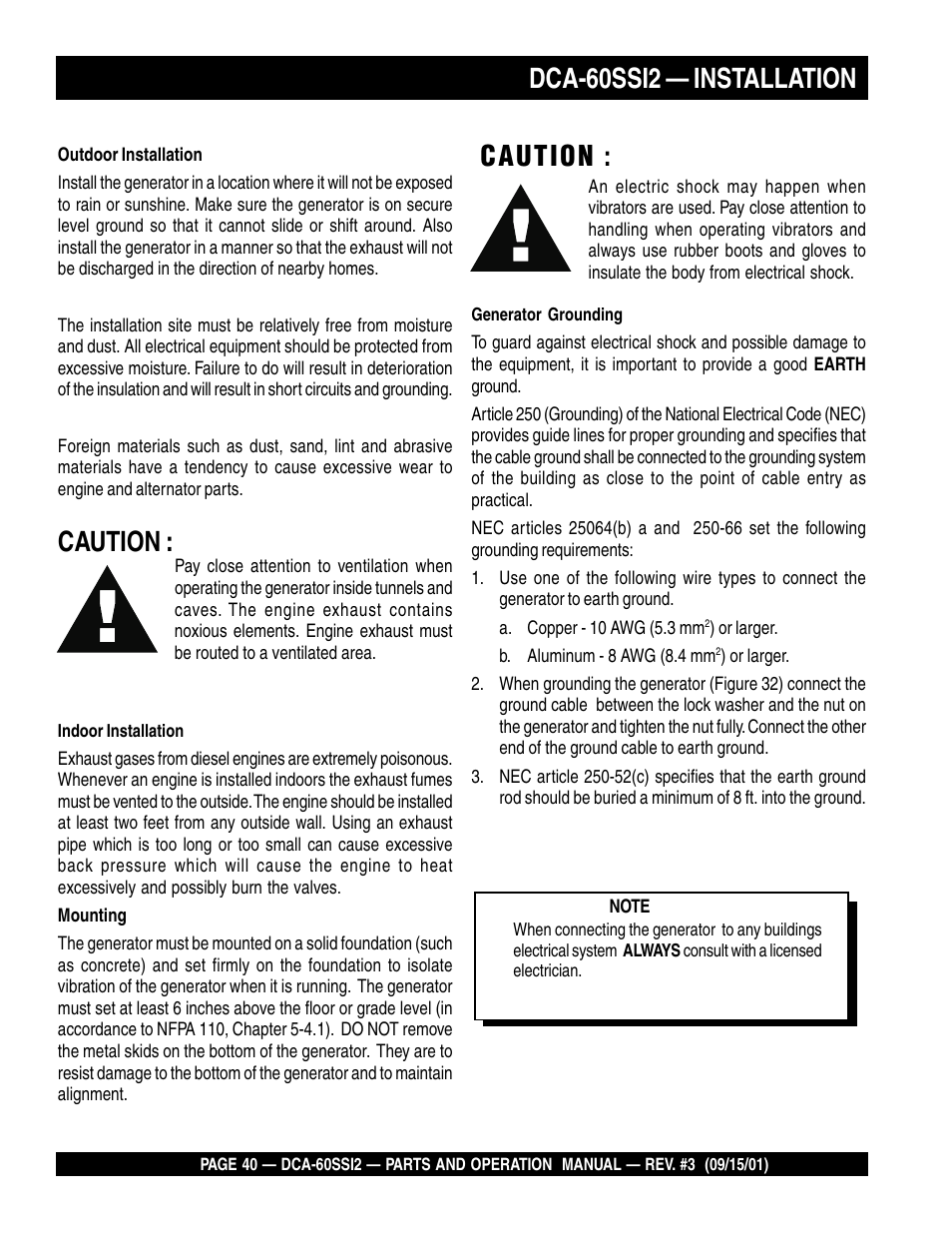 Caution, Dca-60ssi2 — installation | Multiquip MQ Power Whisperwatt Generator DCA-60SS12 User Manual | Page 40 / 164