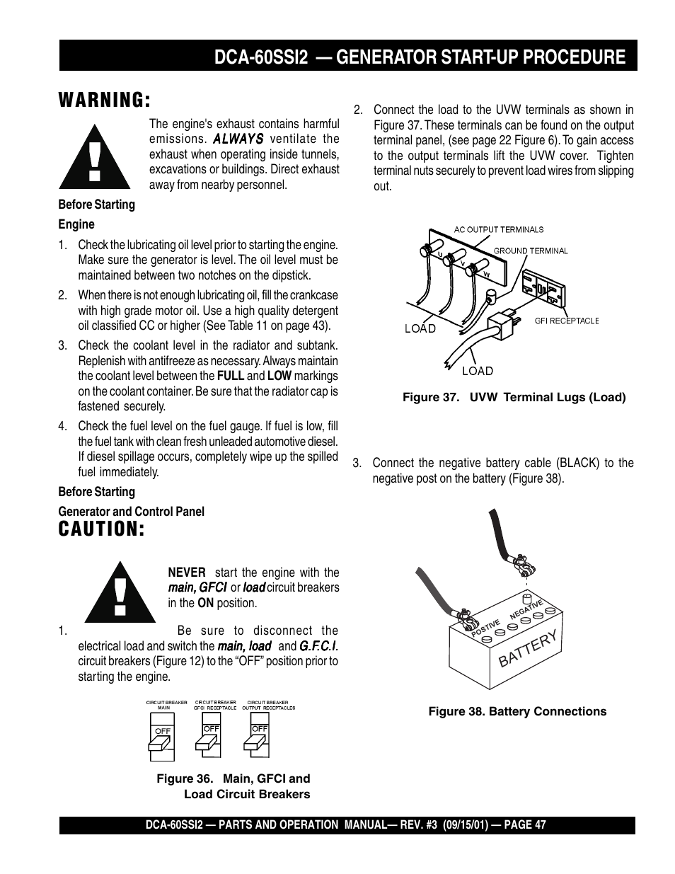 Warning, Caution, Dca-60ssi2 — generator start-up procedure | Multiquip MQ Power Whisperwatt Generator DCA-60SS12 User Manual | Page 47 / 164