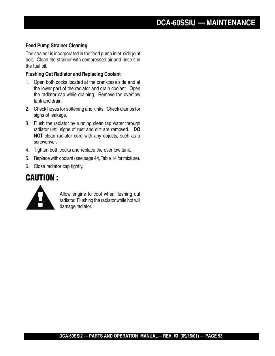 Dca-60ssiu — maintenance caution | Multiquip MQ Power Whisperwatt Generator DCA-60SS12 User Manual | Page 53 / 164