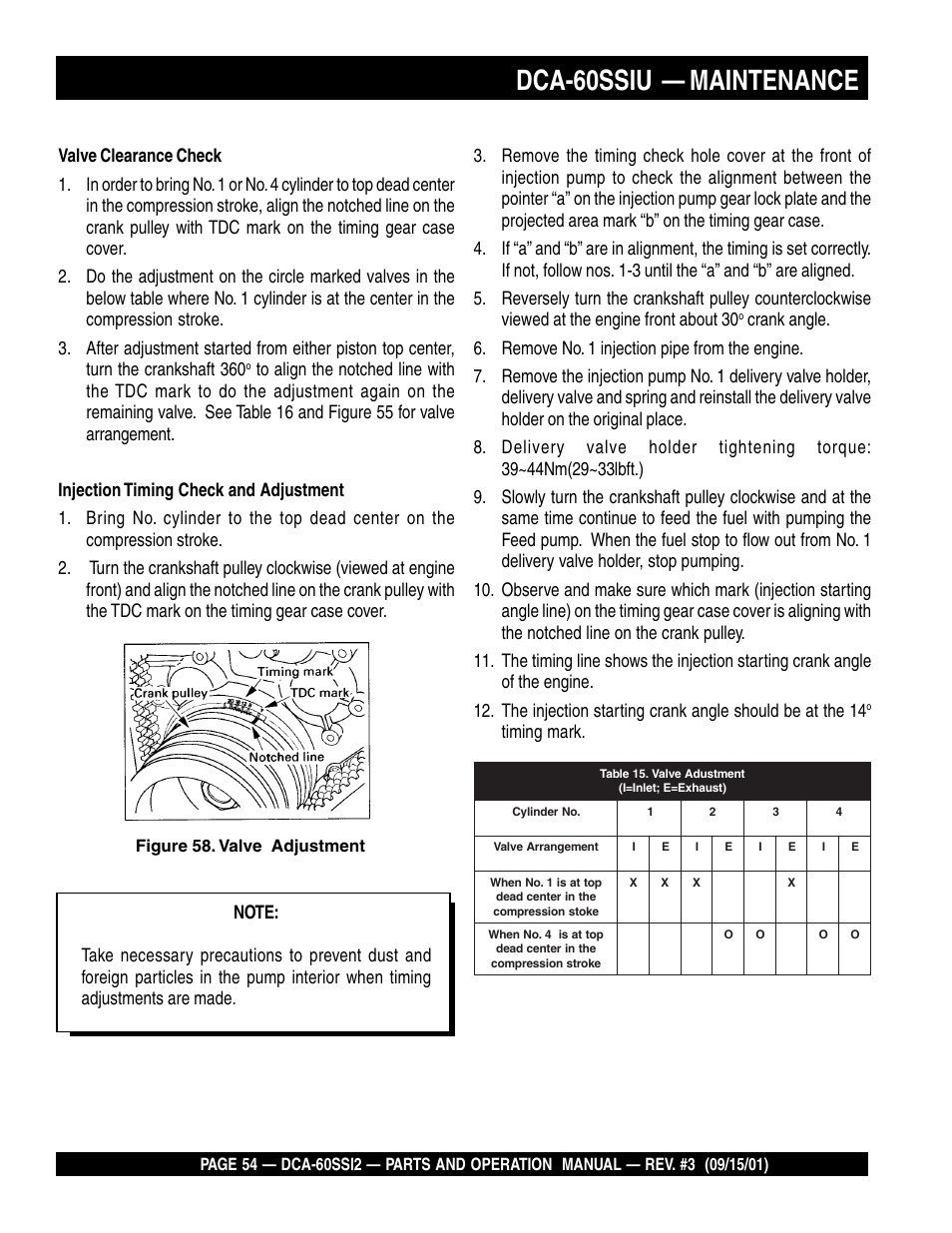 Dca-60ssiu — maintenance, Timing mark, Figure 58. valve adjustment | Multiquip MQ Power Whisperwatt Generator DCA-60SS12 User Manual | Page 54 / 164