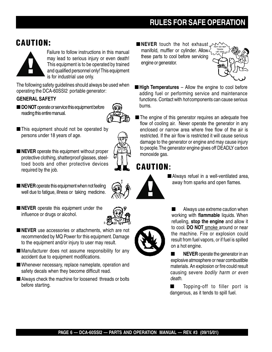 Rules for safe operation, Caution | Multiquip MQ Power Whisperwatt Generator DCA-60SS12 User Manual | Page 6 / 164
