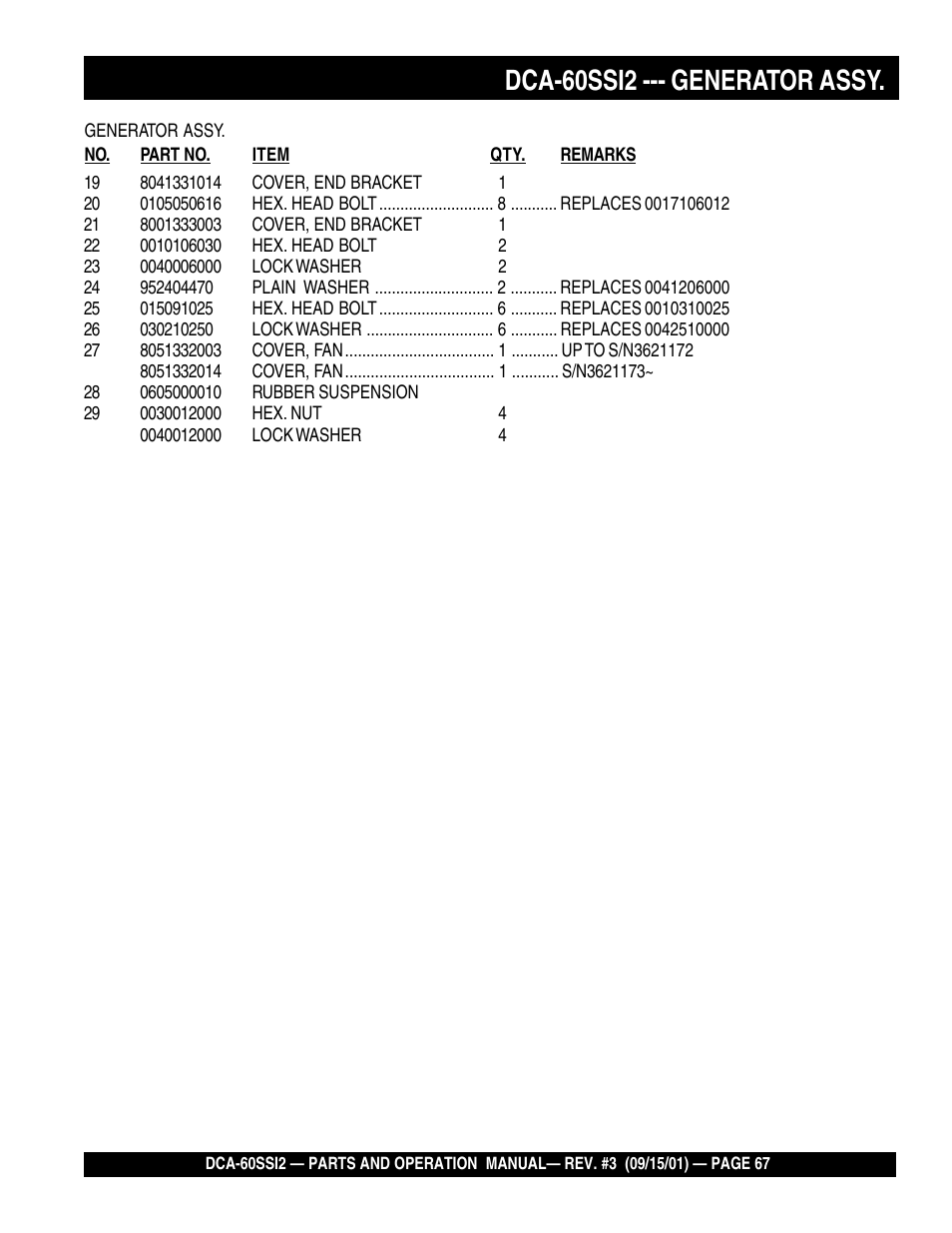 Dca-60ssi2 --- generator assy | Multiquip MQ Power Whisperwatt Generator DCA-60SS12 User Manual | Page 67 / 164
