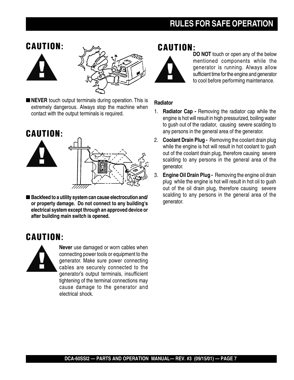 Rules for safe operation caution, Caution | Multiquip MQ Power Whisperwatt Generator DCA-60SS12 User Manual | Page 7 / 164