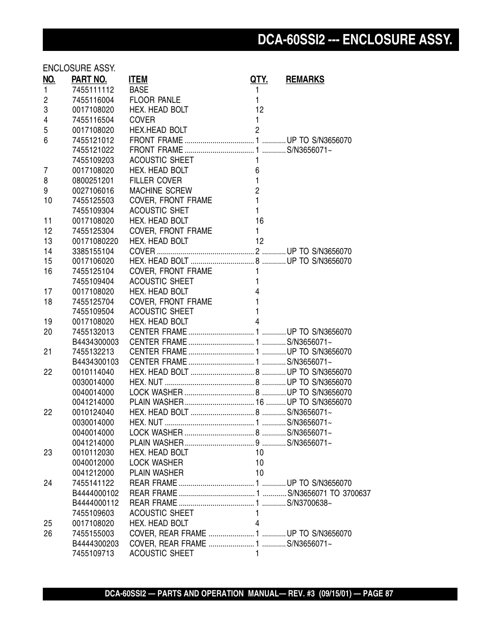 Dca-60ssi2 --- enclosure assy | Multiquip MQ Power Whisperwatt Generator DCA-60SS12 User Manual | Page 87 / 164