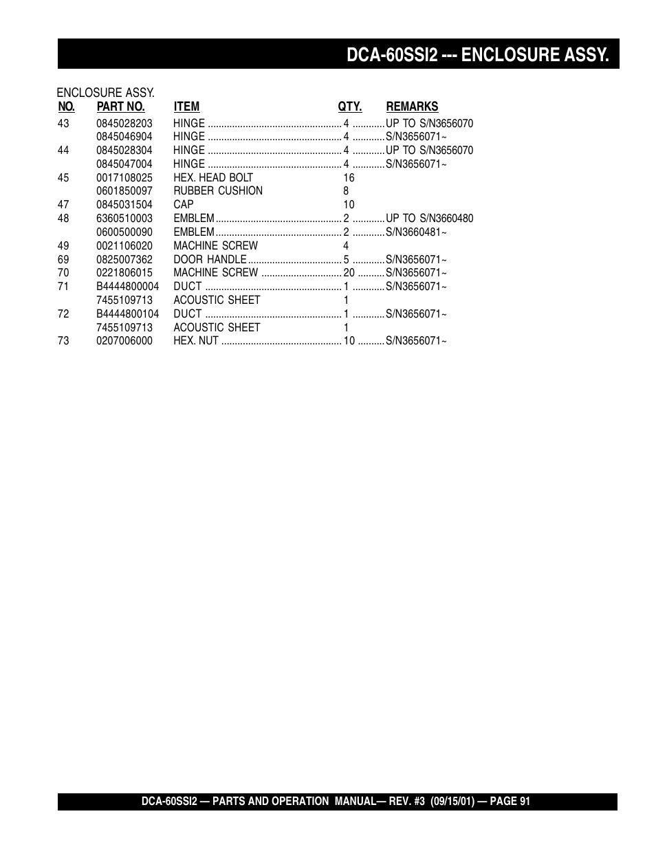 Dca-60ssi2 --- enclosure assy | Multiquip MQ Power Whisperwatt Generator DCA-60SS12 User Manual | Page 91 / 164