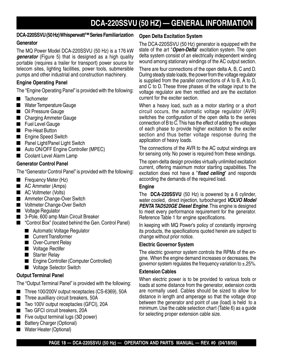 Multiquip Whisperwatt Series 50 HZ Generator DCA-220SSVU User Manual | Page 18 / 86