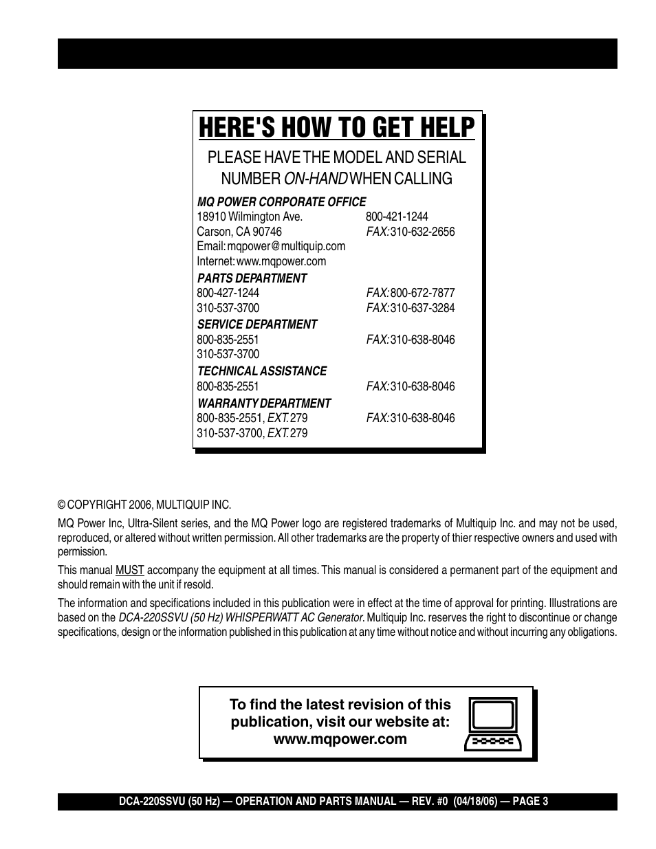 Here's how to get help, On-hand, Please have the model and serial number | When calling | Multiquip Whisperwatt Series 50 HZ Generator DCA-220SSVU User Manual | Page 3 / 86