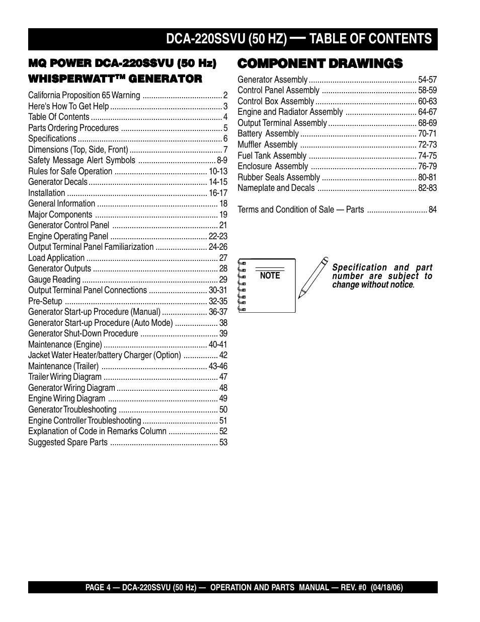 Multiquip Whisperwatt Series 50 HZ Generator DCA-220SSVU User Manual | Page 4 / 86