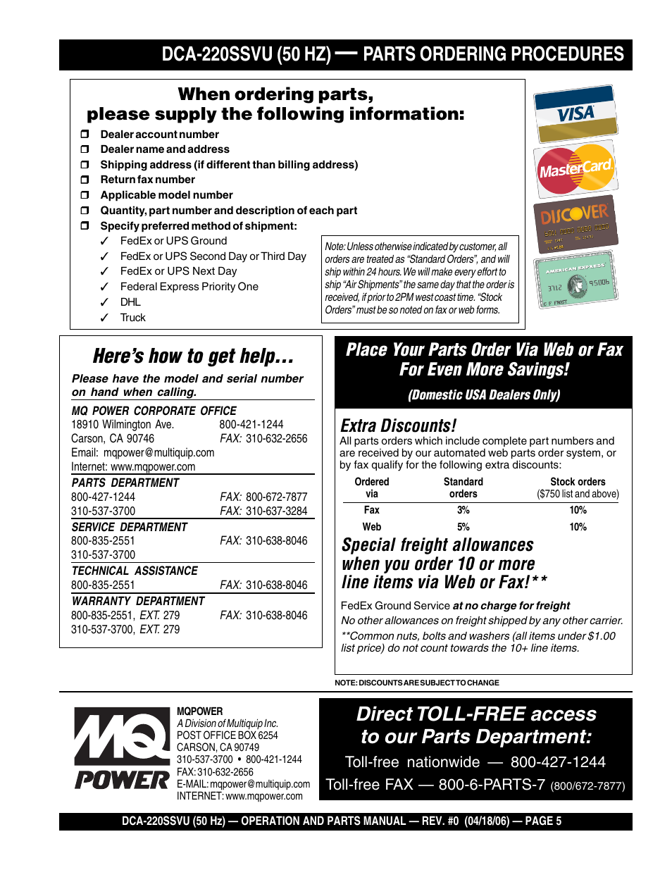 Here’s how to get help, Direct toll-free access to our parts department, Parts ordering procedures | Extra discounts | Multiquip Whisperwatt Series 50 HZ Generator DCA-220SSVU User Manual | Page 5 / 86