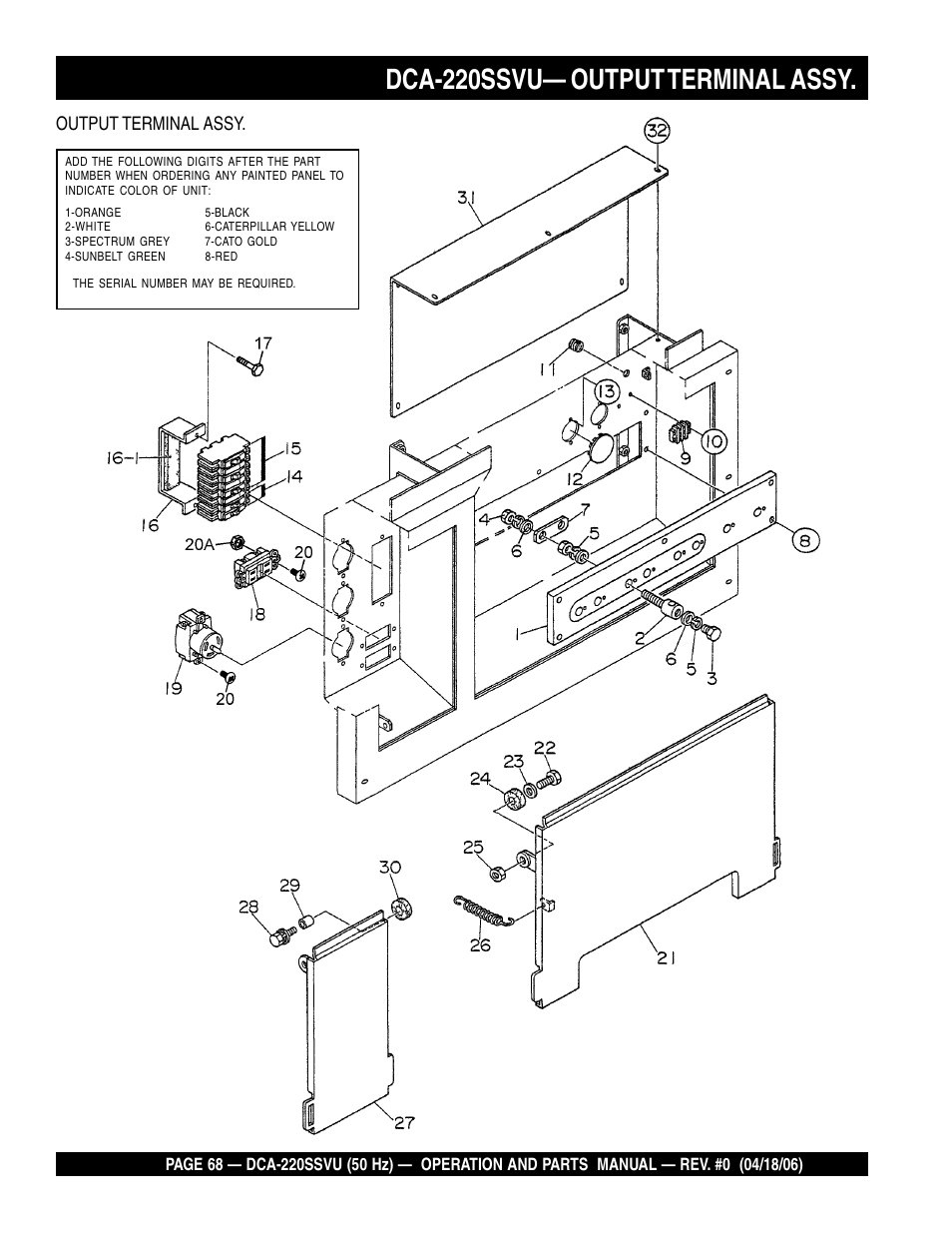 Dca-220ssvu— output terminal assy, Output terminal assy | Multiquip Whisperwatt Series 50 HZ Generator DCA-220SSVU User Manual | Page 68 / 86