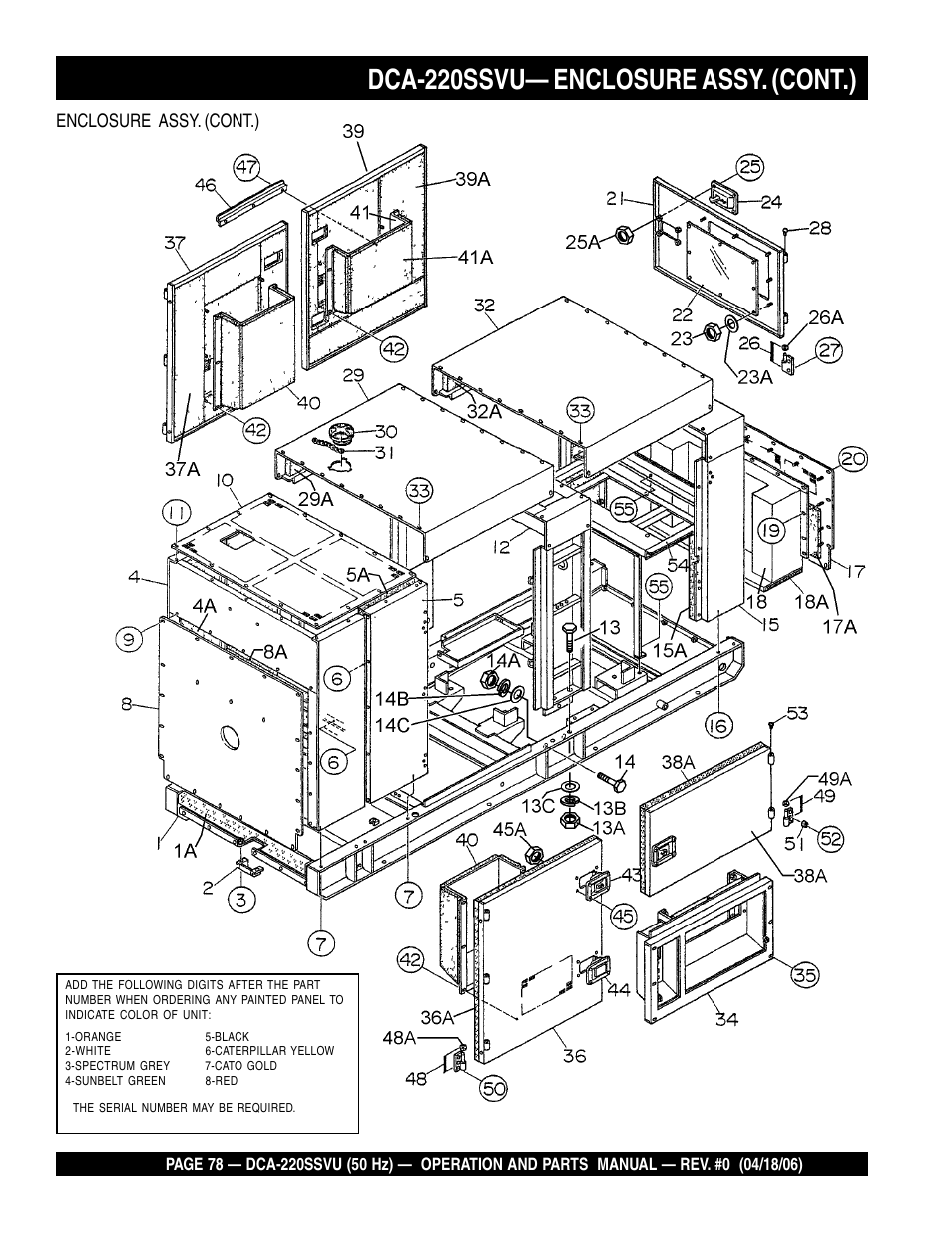 Dca-220ssvu— enclosure assy. (cont.), Enclosure assy. (cont.) | Multiquip Whisperwatt Series 50 HZ Generator DCA-220SSVU User Manual | Page 78 / 86