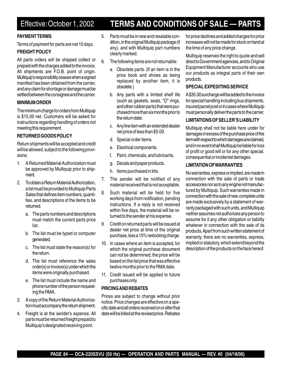 Terms and conditions of sale — parts | Multiquip Whisperwatt Series 50 HZ Generator DCA-220SSVU User Manual | Page 84 / 86