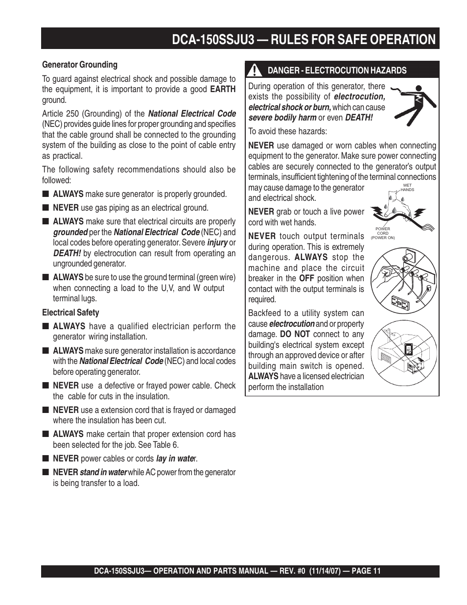 Multiquip MQ Power Whisperwatt 60 Hz Generator DCA-150SSJU3 User Manual | Page 11 / 104