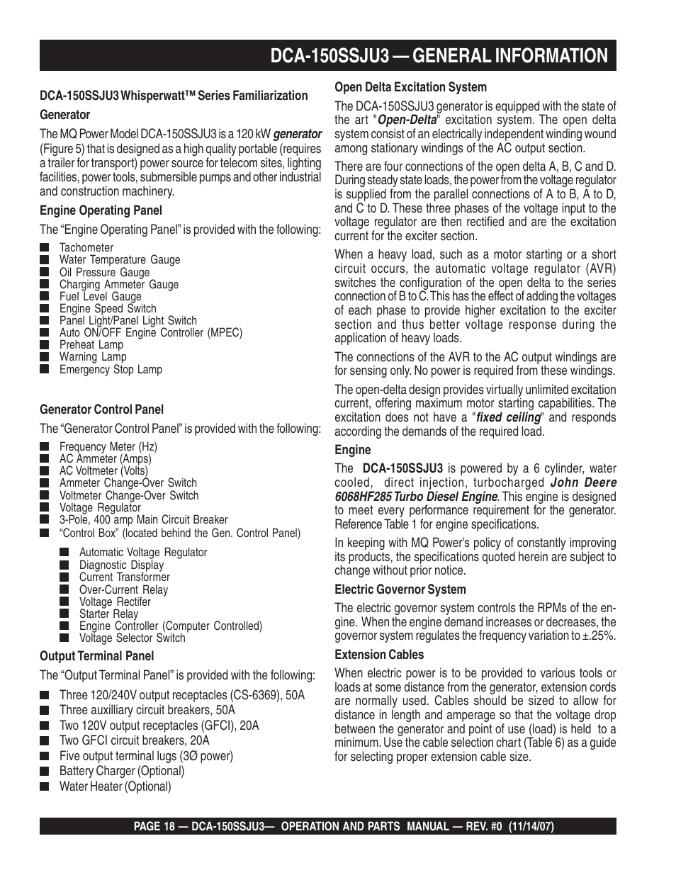 Dca-150ssju3 — general information | Multiquip MQ Power Whisperwatt 60 Hz Generator DCA-150SSJU3 User Manual | Page 18 / 104
