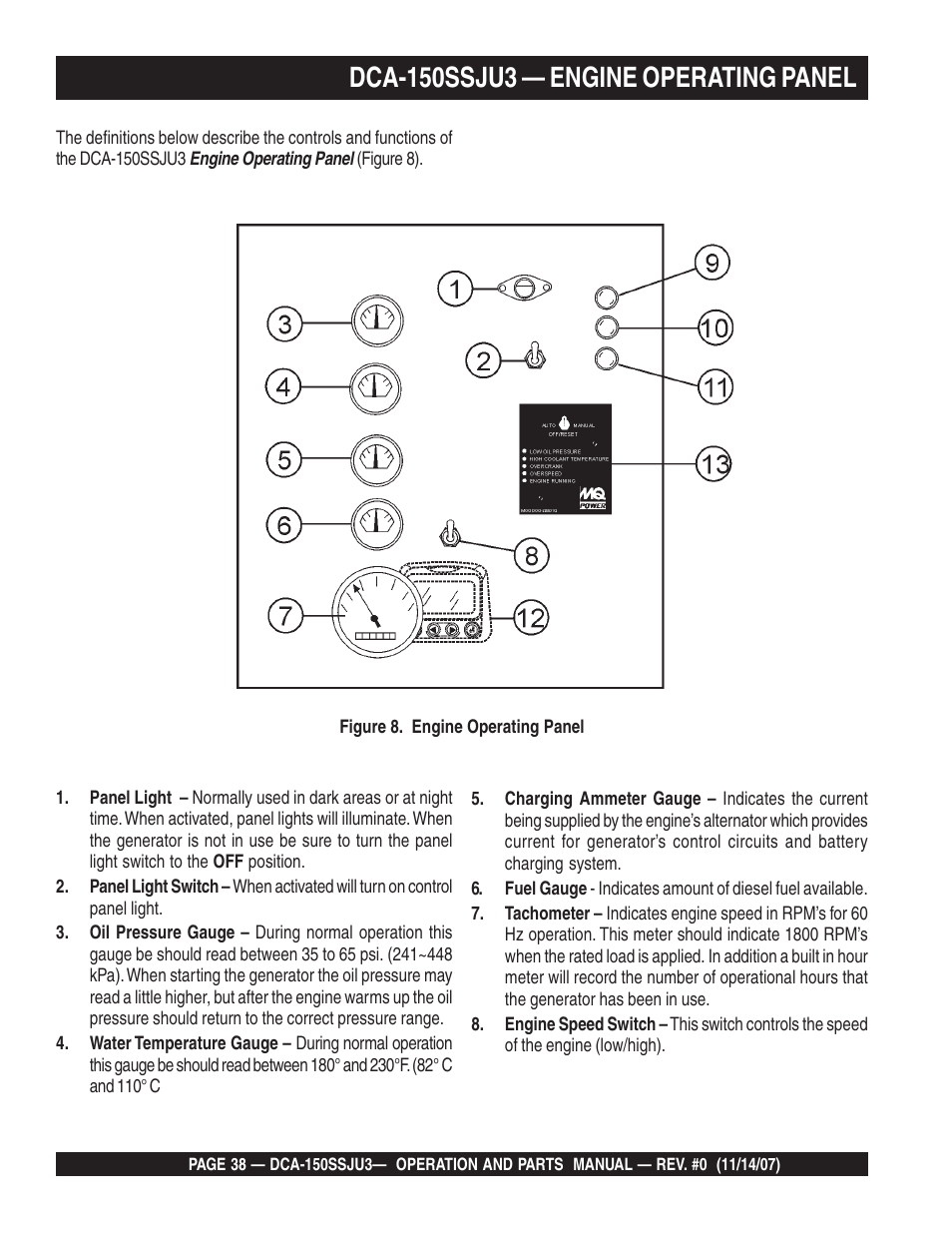 Dca-150ssju3 — engine operating panel | Multiquip MQ Power Whisperwatt 60 Hz Generator DCA-150SSJU3 User Manual | Page 38 / 104