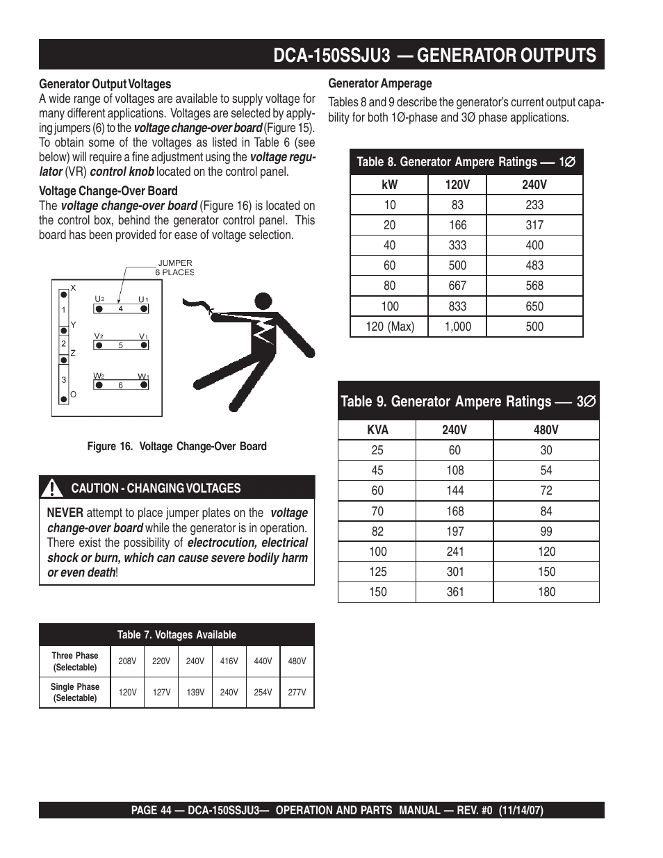 Dca-150ssju3 — generator outputs | Multiquip MQ Power Whisperwatt 60 Hz Generator DCA-150SSJU3 User Manual | Page 44 / 104