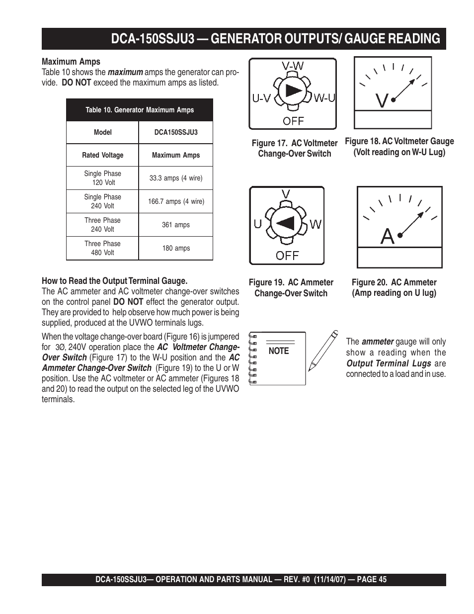 Dca-150ssju3 — generator outputs/ gauge reading | Multiquip MQ Power Whisperwatt 60 Hz Generator DCA-150SSJU3 User Manual | Page 45 / 104