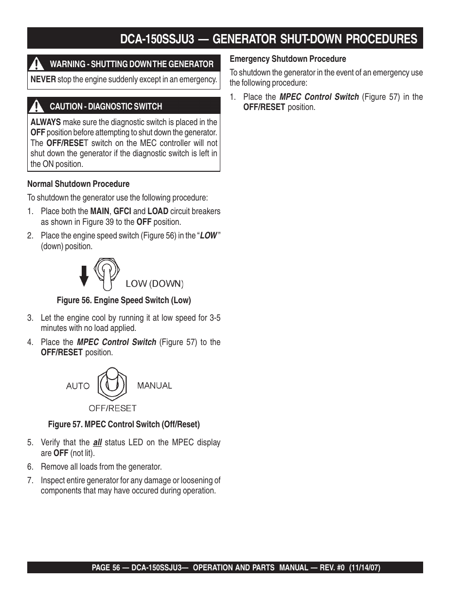 Dca-150ssju3 — generator shut-down procedures | Multiquip MQ Power Whisperwatt 60 Hz Generator DCA-150SSJU3 User Manual | Page 56 / 104