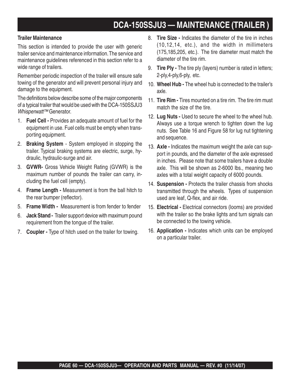 Dca-150ssju3 — maintenance (trailer ) | Multiquip MQ Power Whisperwatt 60 Hz Generator DCA-150SSJU3 User Manual | Page 60 / 104