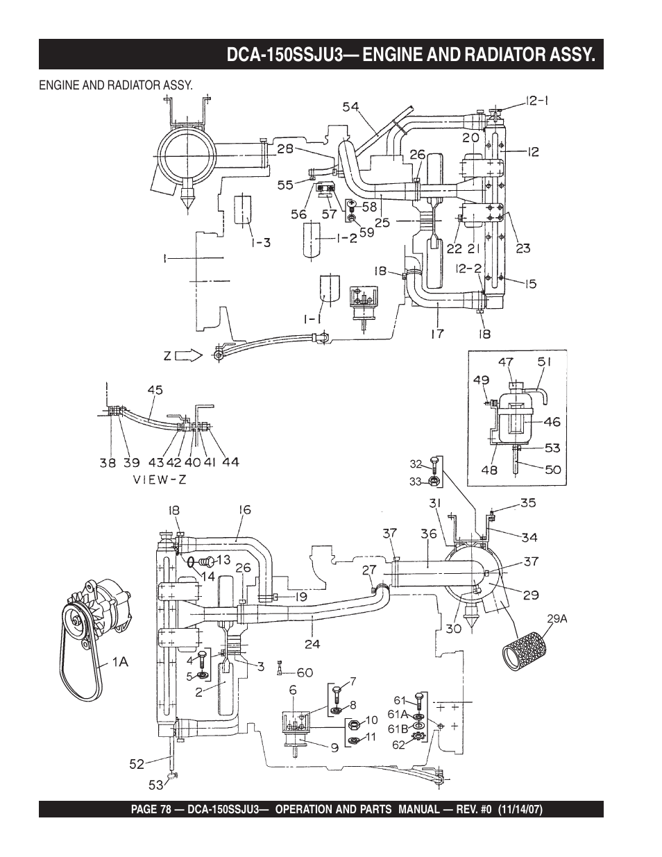 Dca-150ssju3— engine and radiator assy | Multiquip MQ Power Whisperwatt 60 Hz Generator DCA-150SSJU3 User Manual | Page 78 / 104