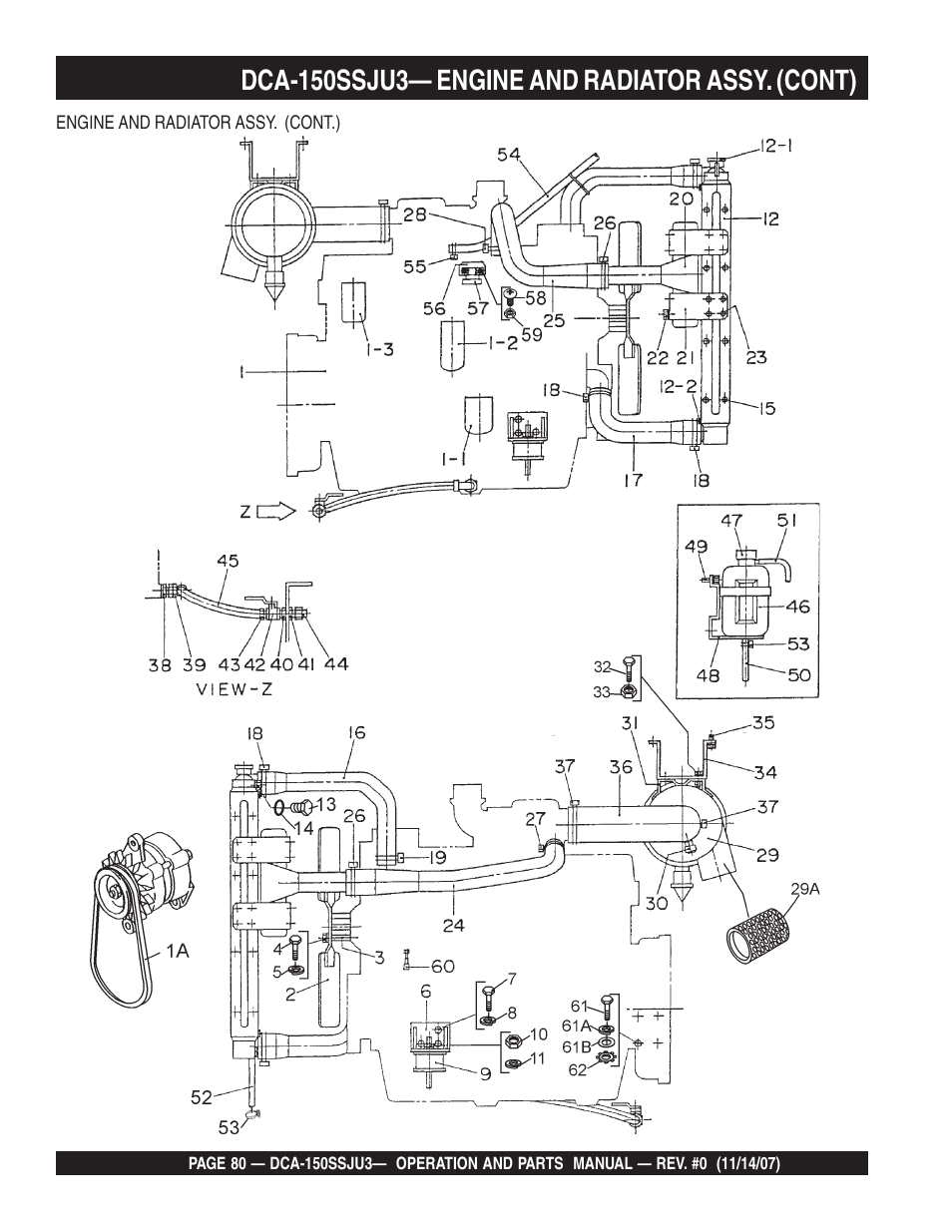 Dca-150ssju3— engine and radiator assy. (cont) | Multiquip MQ Power Whisperwatt 60 Hz Generator DCA-150SSJU3 User Manual | Page 80 / 104