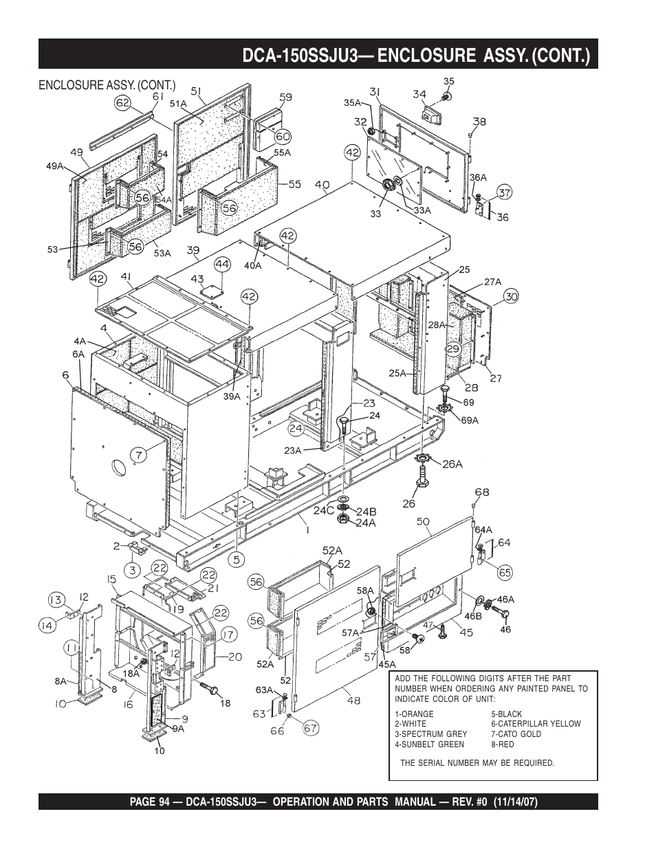 Dca-150ssju3— enclosure assy. (cont.), Enclosure assy. (cont.) | Multiquip MQ Power Whisperwatt 60 Hz Generator DCA-150SSJU3 User Manual | Page 94 / 104