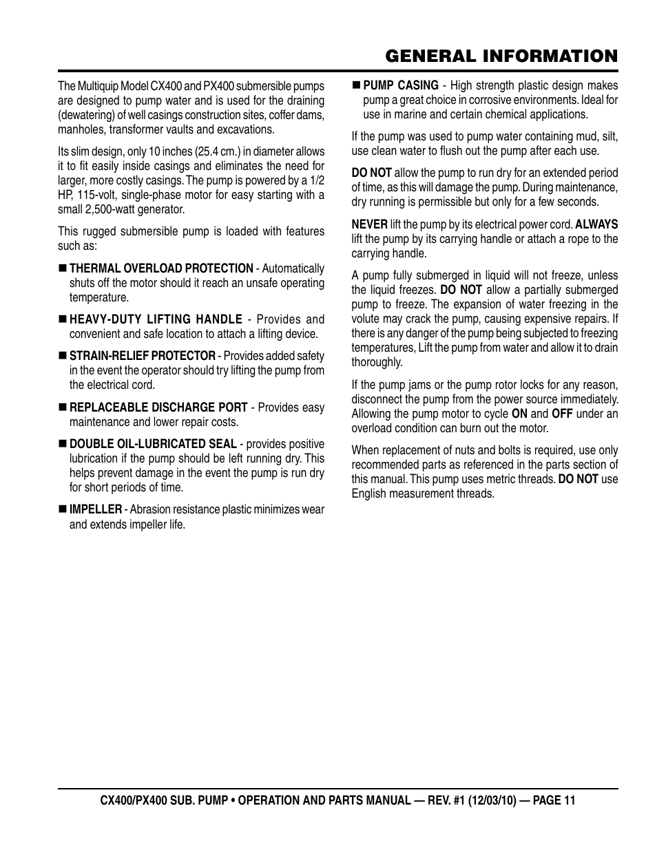 General information | Multiquip submersible pumps px400 User Manual | Page 11 / 34