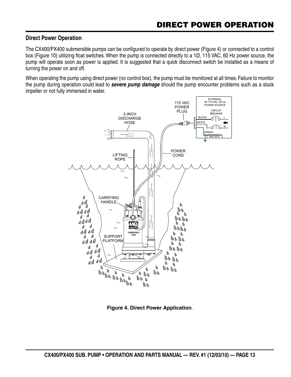 Direct power operation, Figure 4. direct power application | Multiquip submersible pumps px400 User Manual | Page 13 / 34