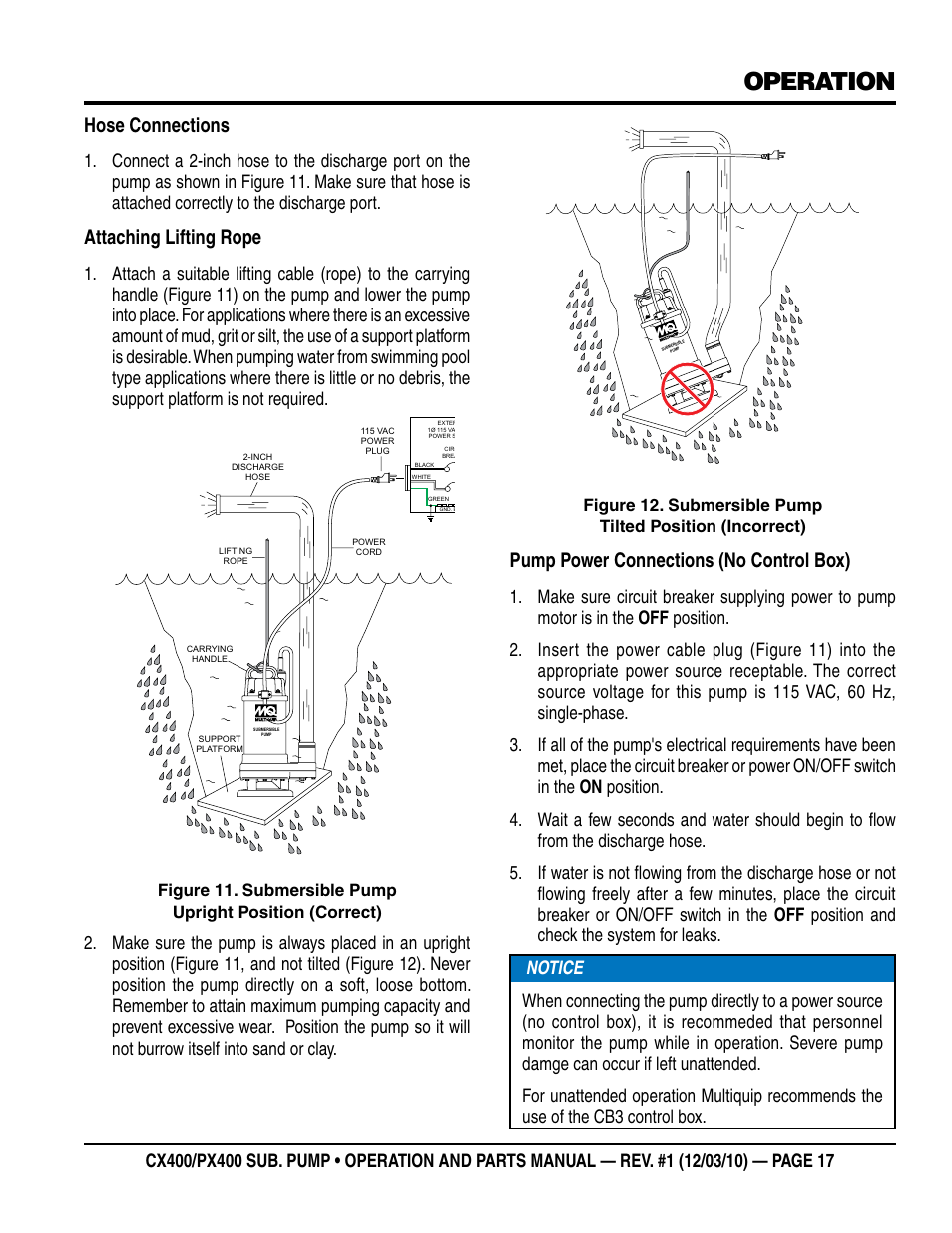 Operation, Hose connections, Attaching lifting rope | Pump power connections (no control box) | Multiquip submersible pumps px400 User Manual | Page 17 / 34