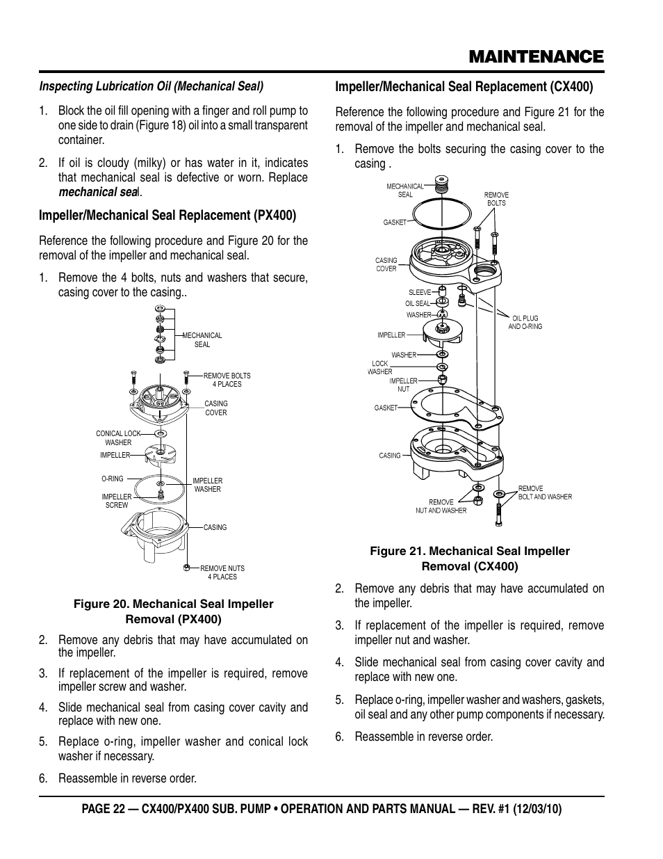Maintenance, Impeller/mechanical seal replacement (px400), Impeller/mechanical seal replacement (cx400) | Multiquip submersible pumps px400 User Manual | Page 22 / 34