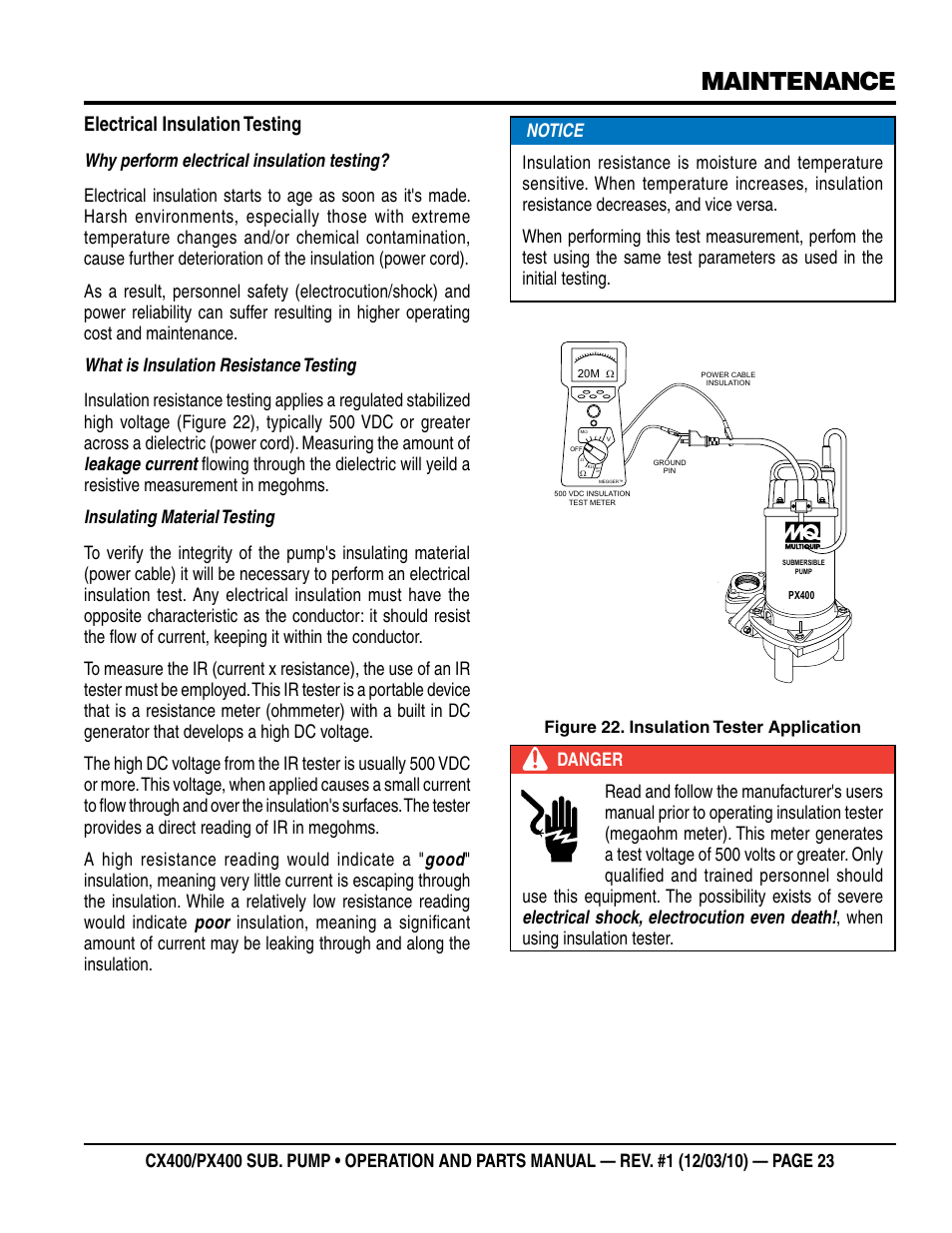 Maintenance, Electrical insulation testing | Multiquip submersible pumps px400 User Manual | Page 23 / 34