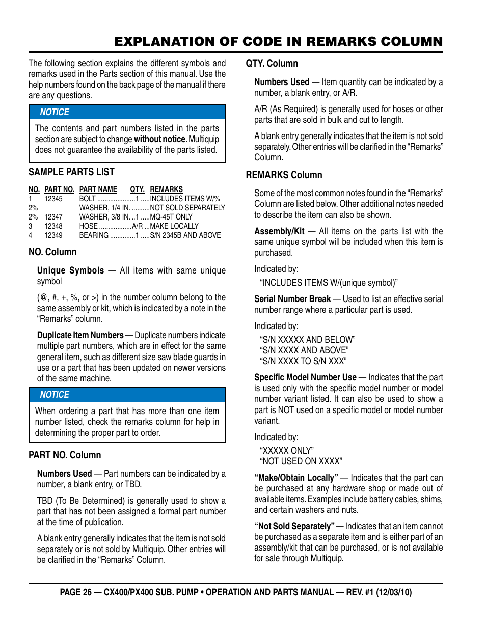 Explanation of code in remarks column | Multiquip submersible pumps px400 User Manual | Page 26 / 34