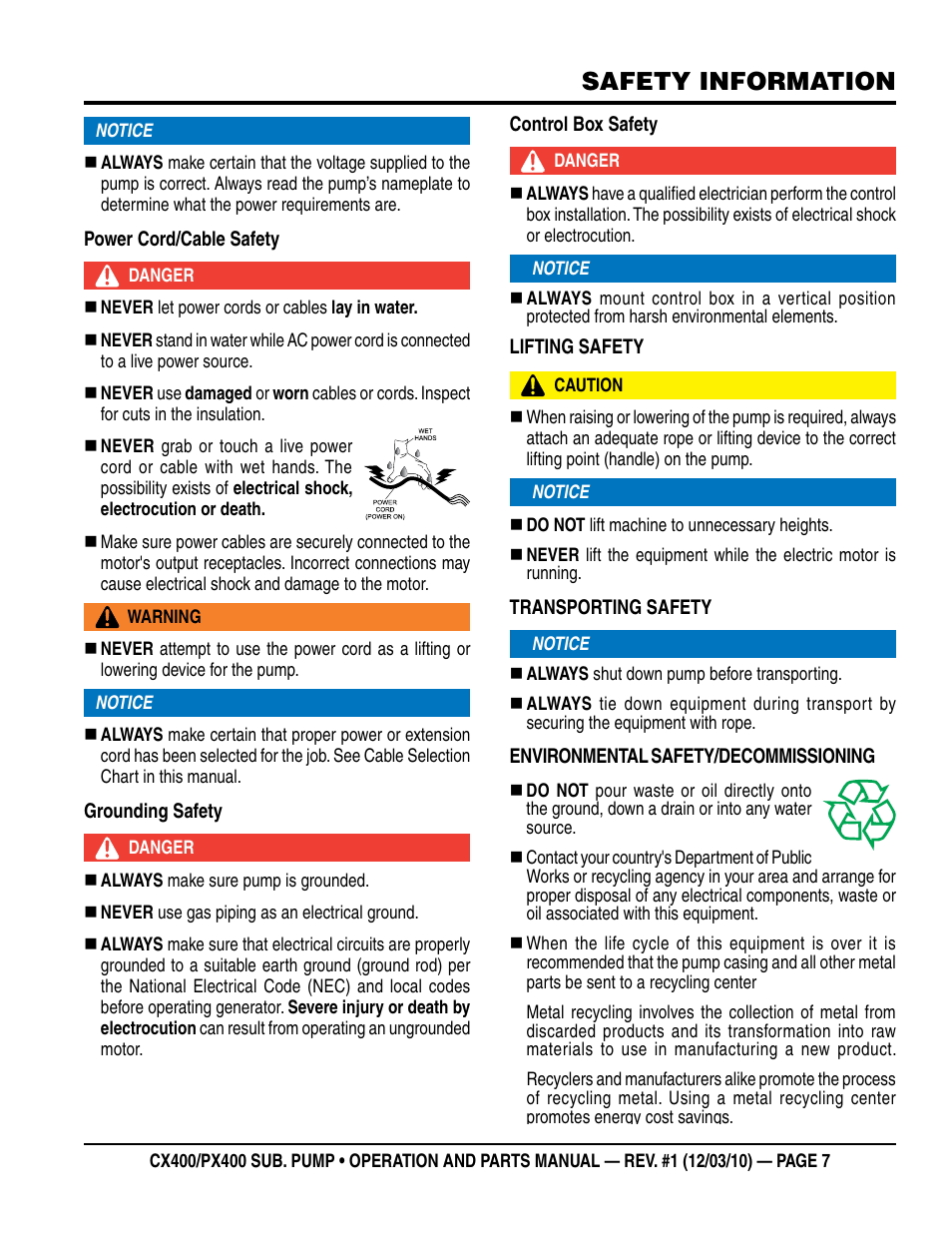 Safety information | Multiquip submersible pumps px400 User Manual | Page 7 / 34