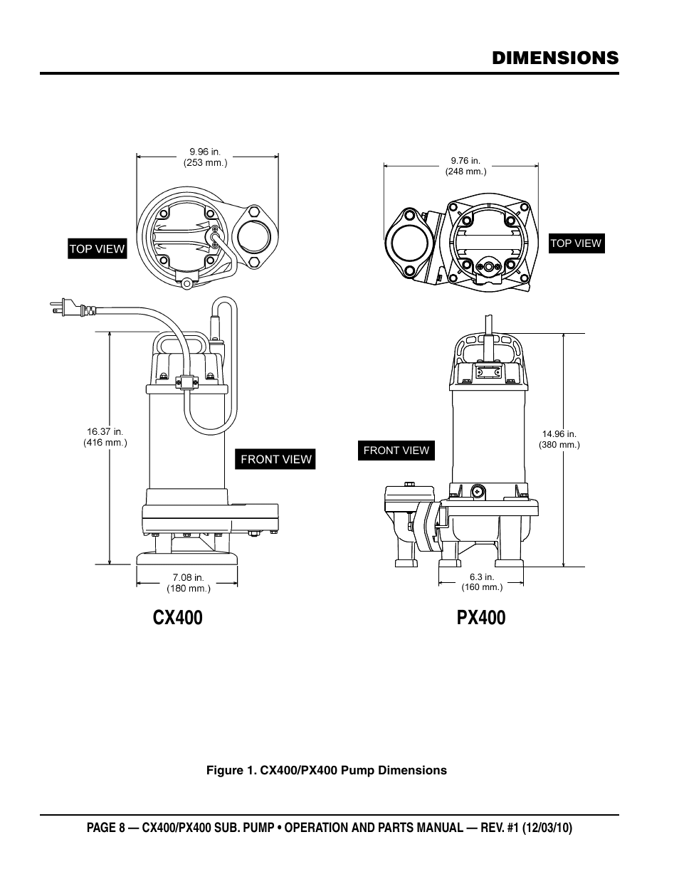 Dimensions | Multiquip submersible pumps px400 User Manual | Page 8 / 34