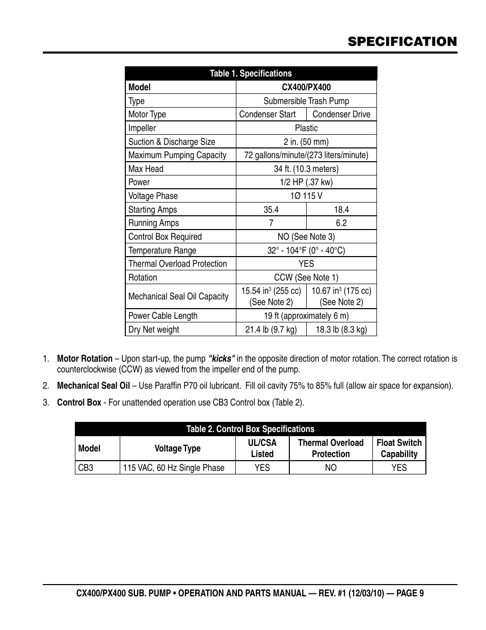 Specification | Multiquip submersible pumps px400 User Manual | Page 9 / 34