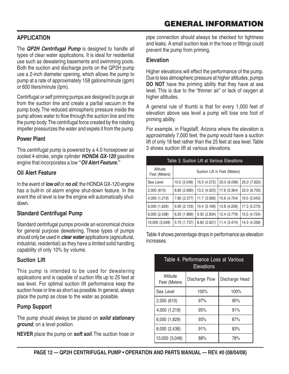 General information, Application, Power plant | Oil alert feature, Standard centrifugal pump, Suction lift, Pump support, Elevation | Multiquip CENTRIFUGAL PUMP QP2H User Manual | Page 12 / 68