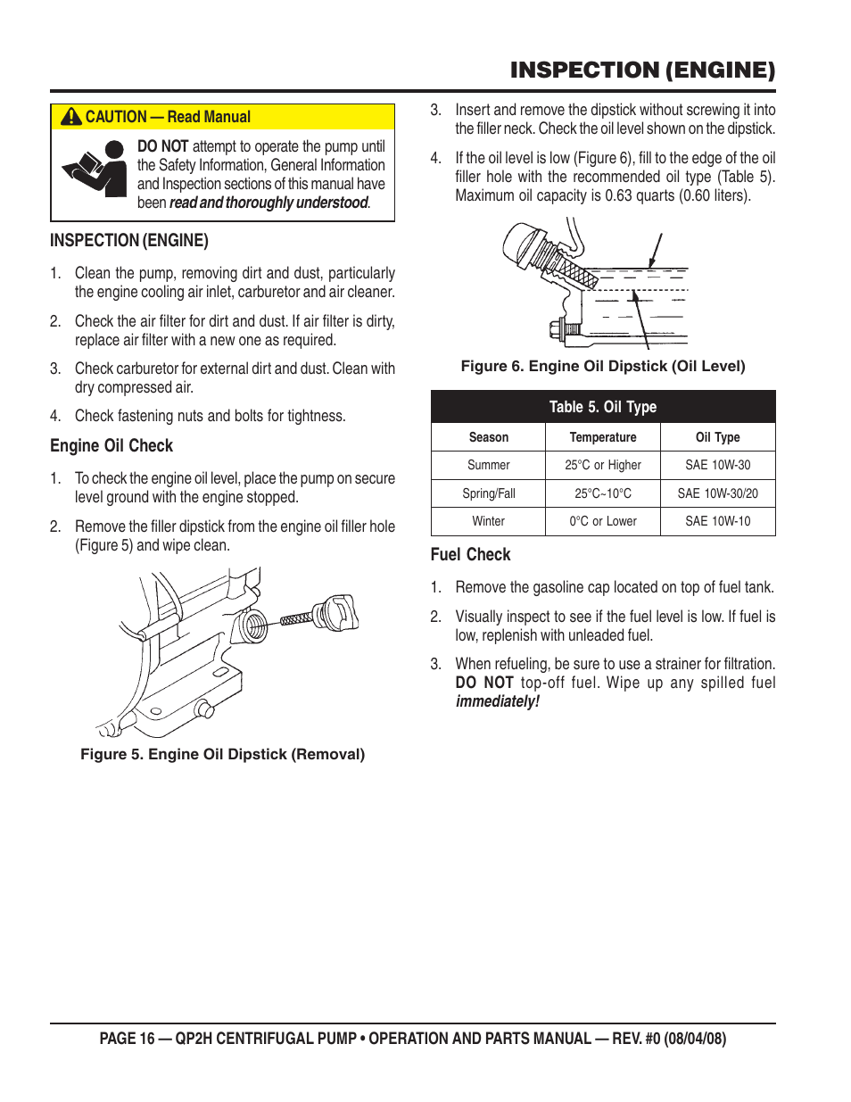 Inspection (engine), Engine oil check, Fuel check | Multiquip CENTRIFUGAL PUMP QP2H User Manual | Page 16 / 68