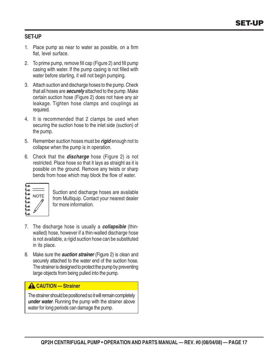 Set-up | Multiquip CENTRIFUGAL PUMP QP2H User Manual | Page 17 / 68