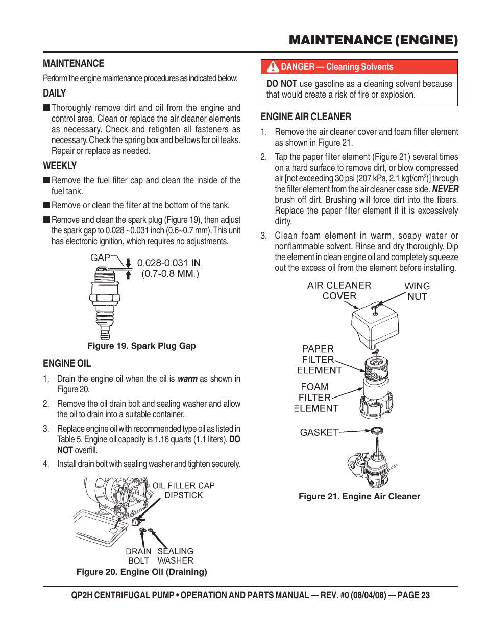 Maintenance (engine) | Multiquip CENTRIFUGAL PUMP QP2H User Manual | Page 23 / 68