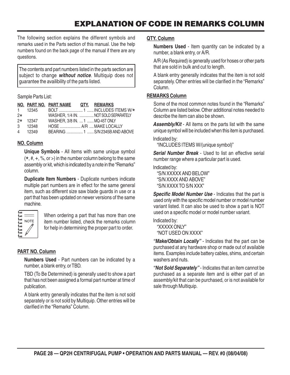 Explanation of code in remarks column | Multiquip CENTRIFUGAL PUMP QP2H User Manual | Page 28 / 68