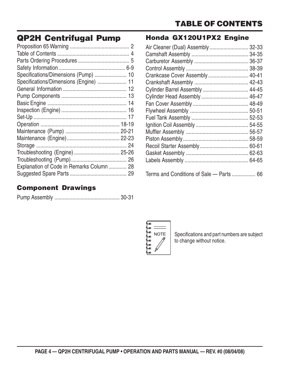 Qp2h centrifugal pump | Multiquip CENTRIFUGAL PUMP QP2H User Manual | Page 4 / 68