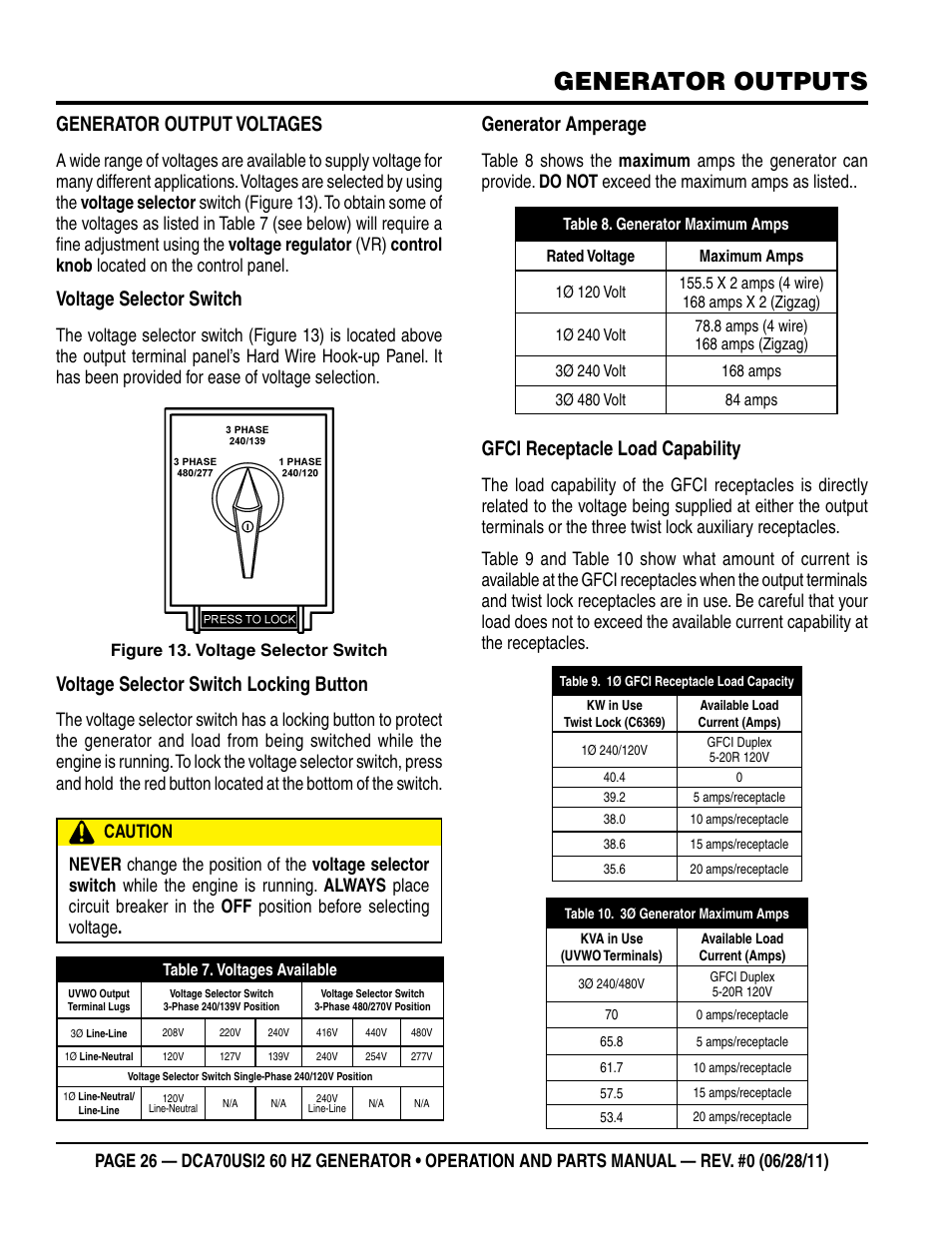 Generator outputs, Generator output voltages, Voltage selector switch | Voltage selector switch locking button, Generator amperage, Gfci receptacle load capability | Multiquip Power Whisperwatt Series 60HZ Generator DCA70USI2 User Manual | Page 26 / 84