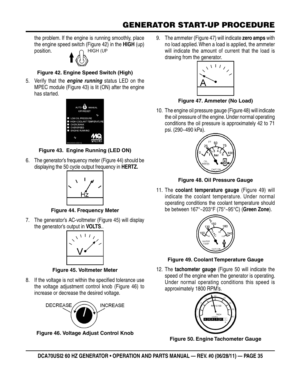 Generator start-up procedure | Multiquip Power Whisperwatt Series 60HZ Generator DCA70USI2 User Manual | Page 35 / 84