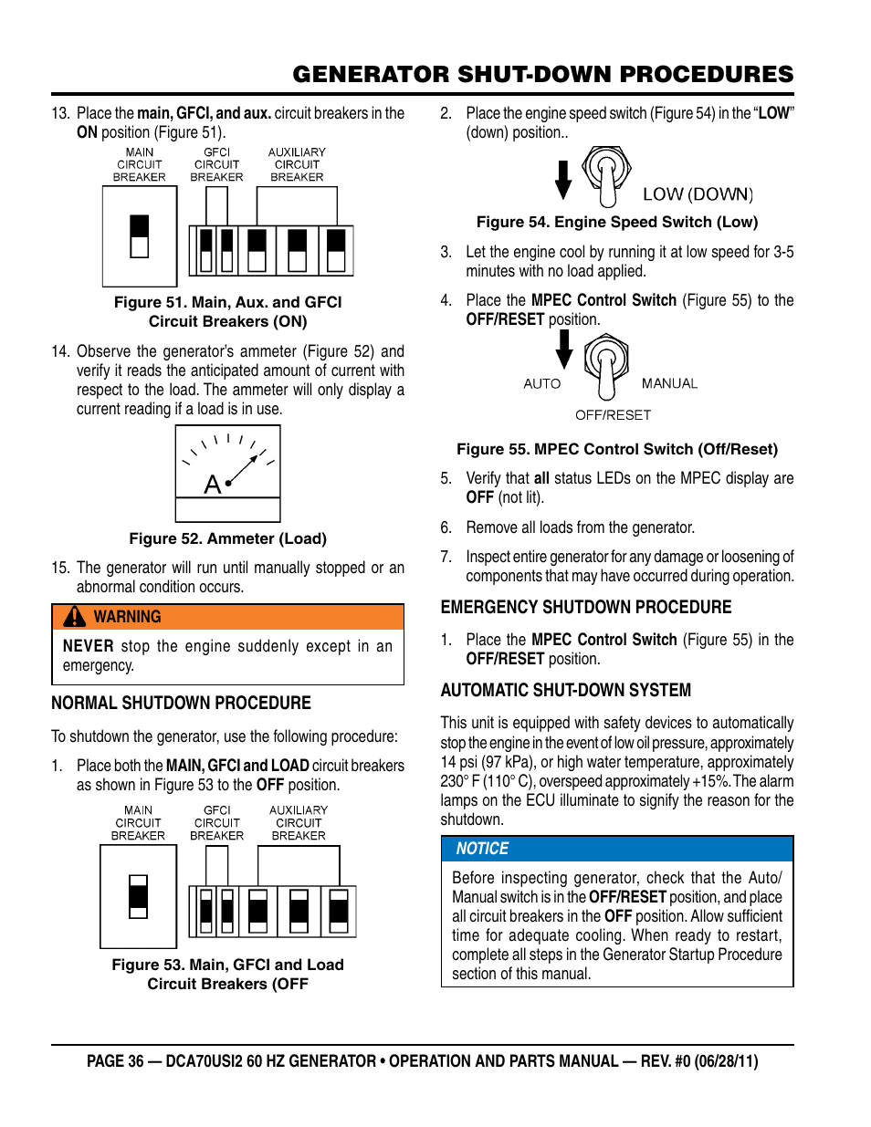 Generator shut-down procedures | Multiquip Power Whisperwatt Series 60HZ Generator DCA70USI2 User Manual | Page 36 / 84