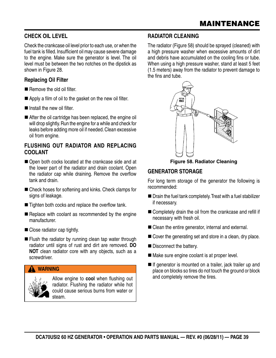 Maintenance | Multiquip Power Whisperwatt Series 60HZ Generator DCA70USI2 User Manual | Page 39 / 84