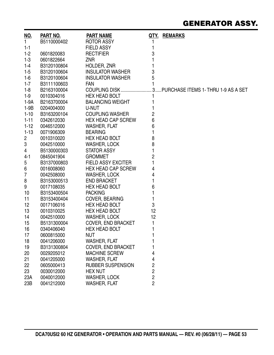 Generator assy | Multiquip Power Whisperwatt Series 60HZ Generator DCA70USI2 User Manual | Page 53 / 84