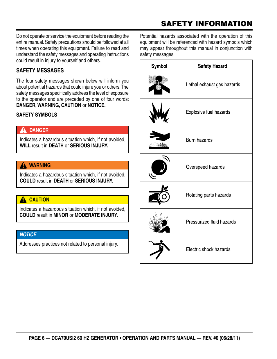 Safety information | Multiquip Power Whisperwatt Series 60HZ Generator DCA70USI2 User Manual | Page 6 / 84