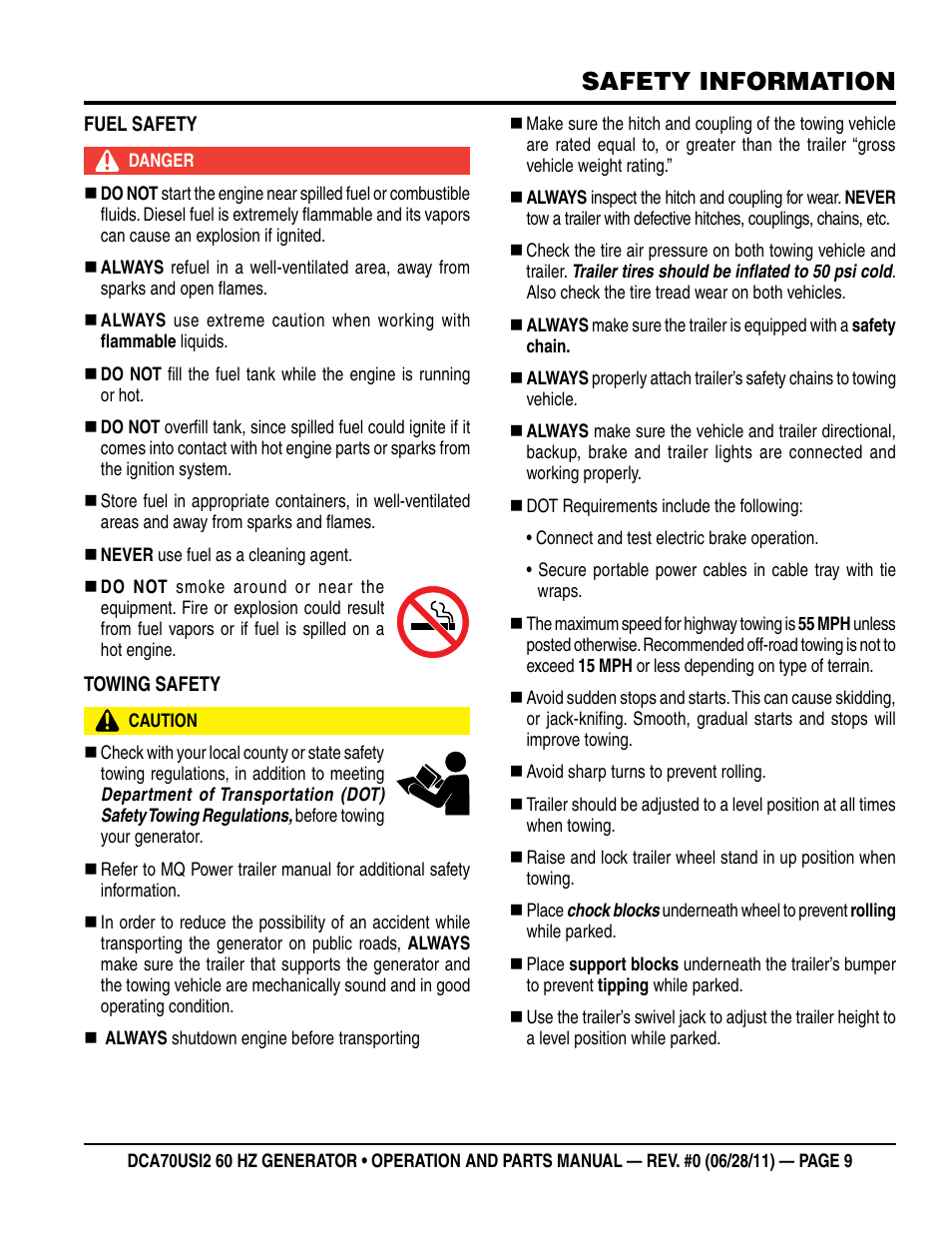 Safety information | Multiquip Power Whisperwatt Series 60HZ Generator DCA70USI2 User Manual | Page 9 / 84